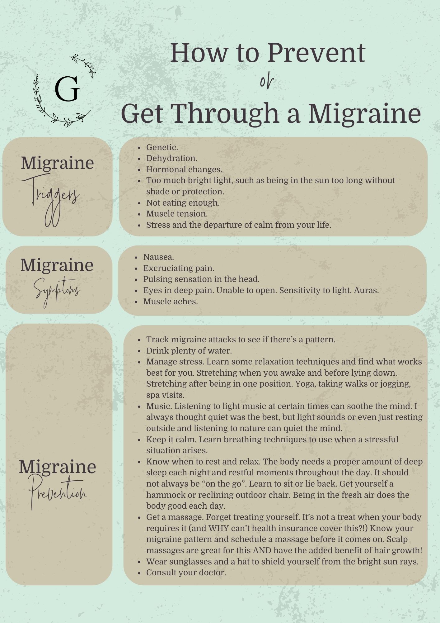 informative chart about how to prevent oto get through a migraine