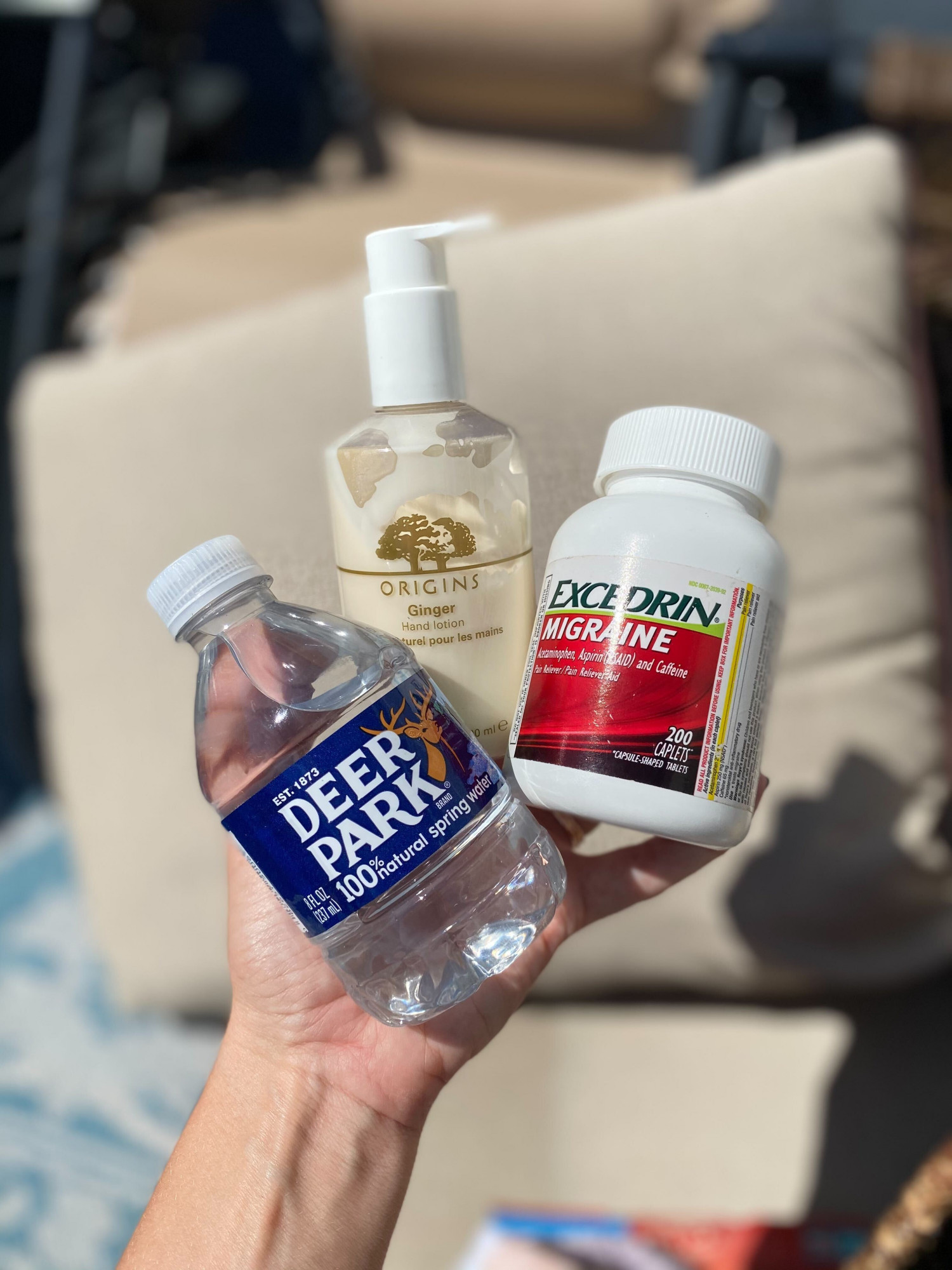 Water, lotion, and Excedrin to relieve migraines