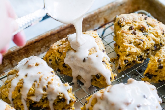 Pumpkins spice chocolate chip scones with a sweet glaze